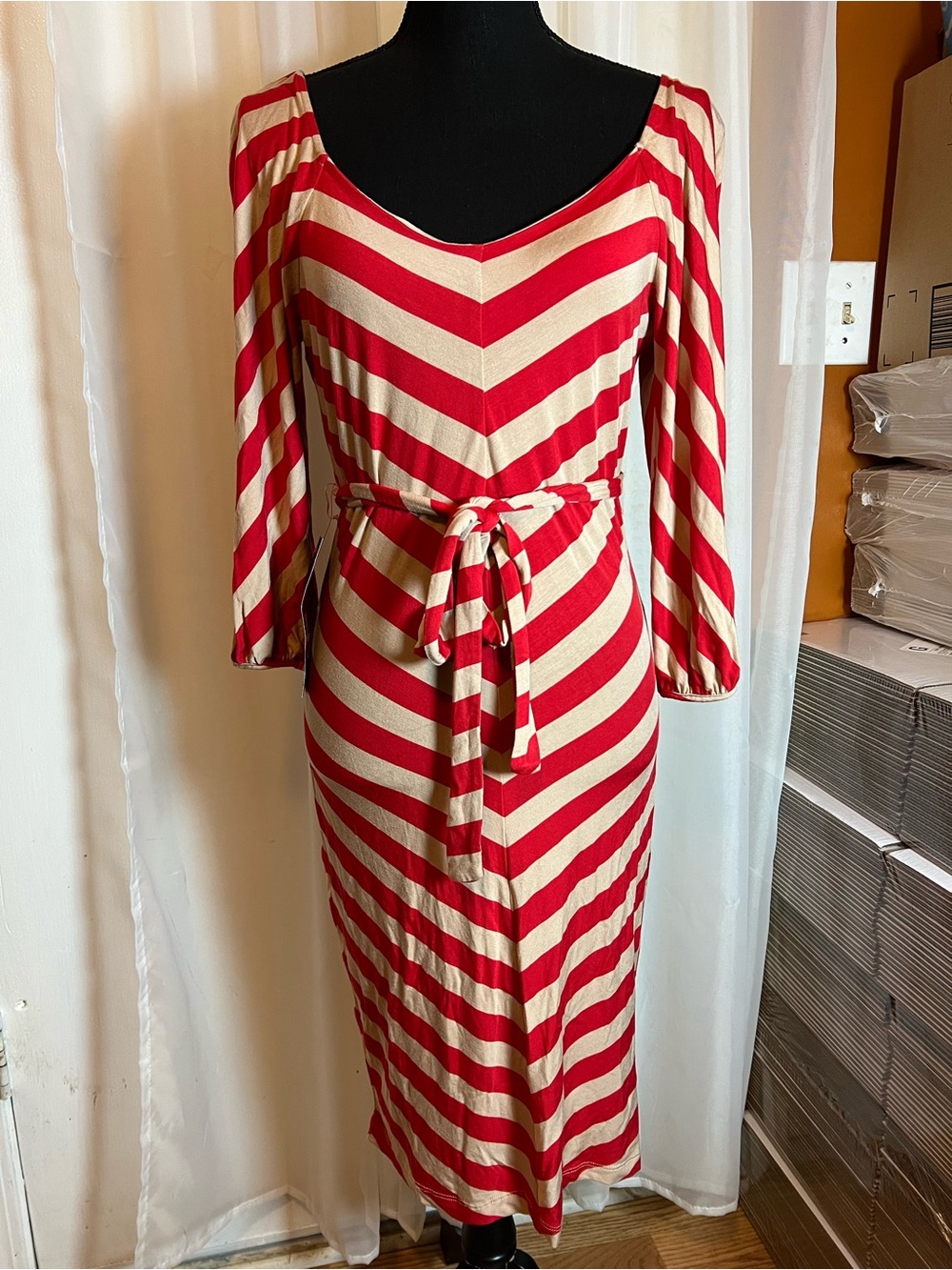 bebe Red and Cream Chevron-Stripe Midi Dress with Tie Belt